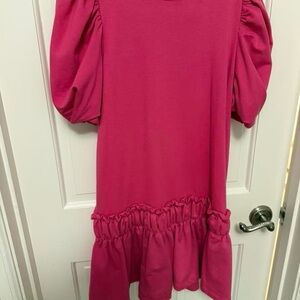 English Factory Hot Pink Puff-Sleeve Ruffle Hem Mini Dress